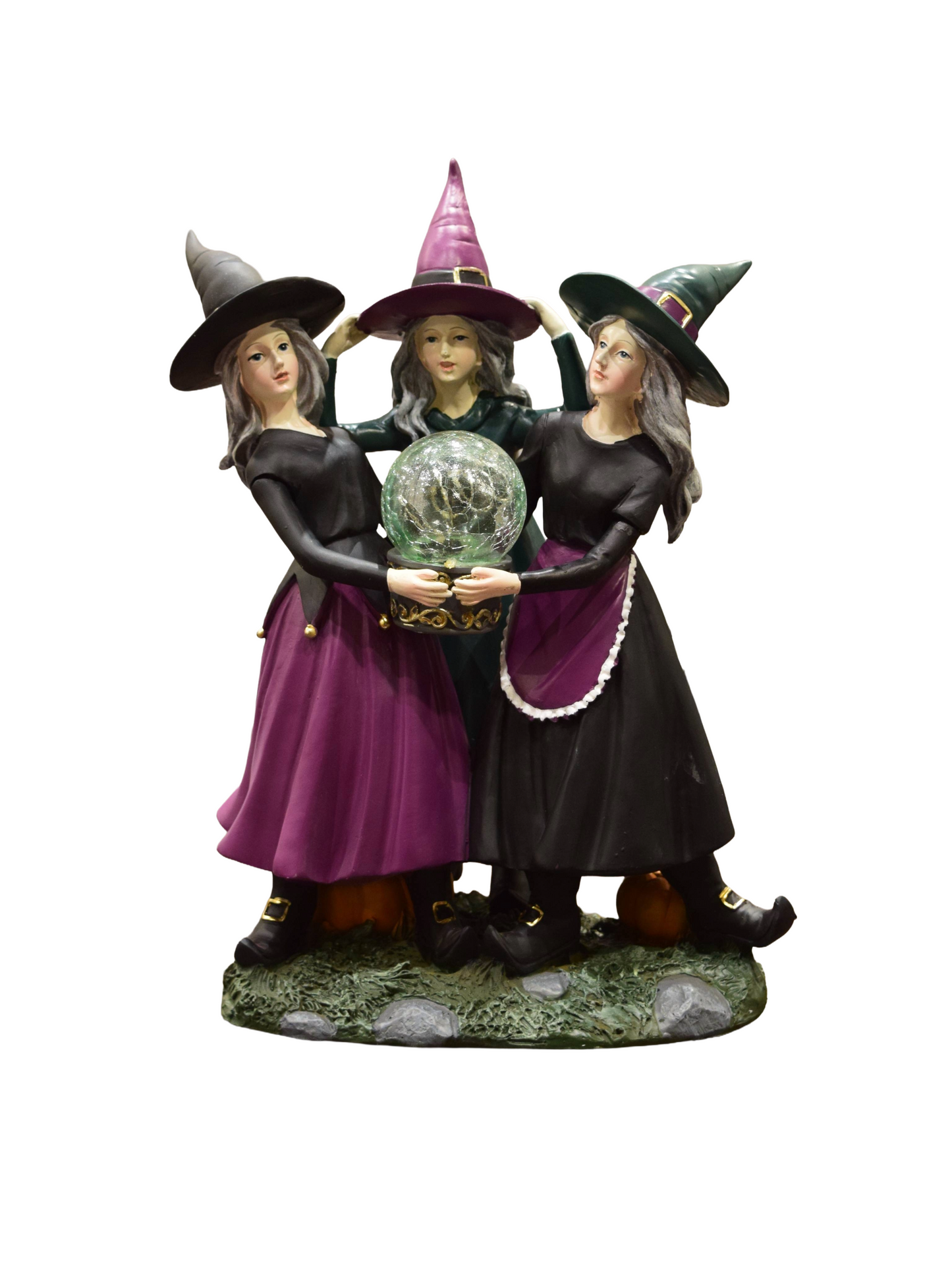 Halloween Resin Witch Trio – LED Color‑Changing Crystal Ball Decoration