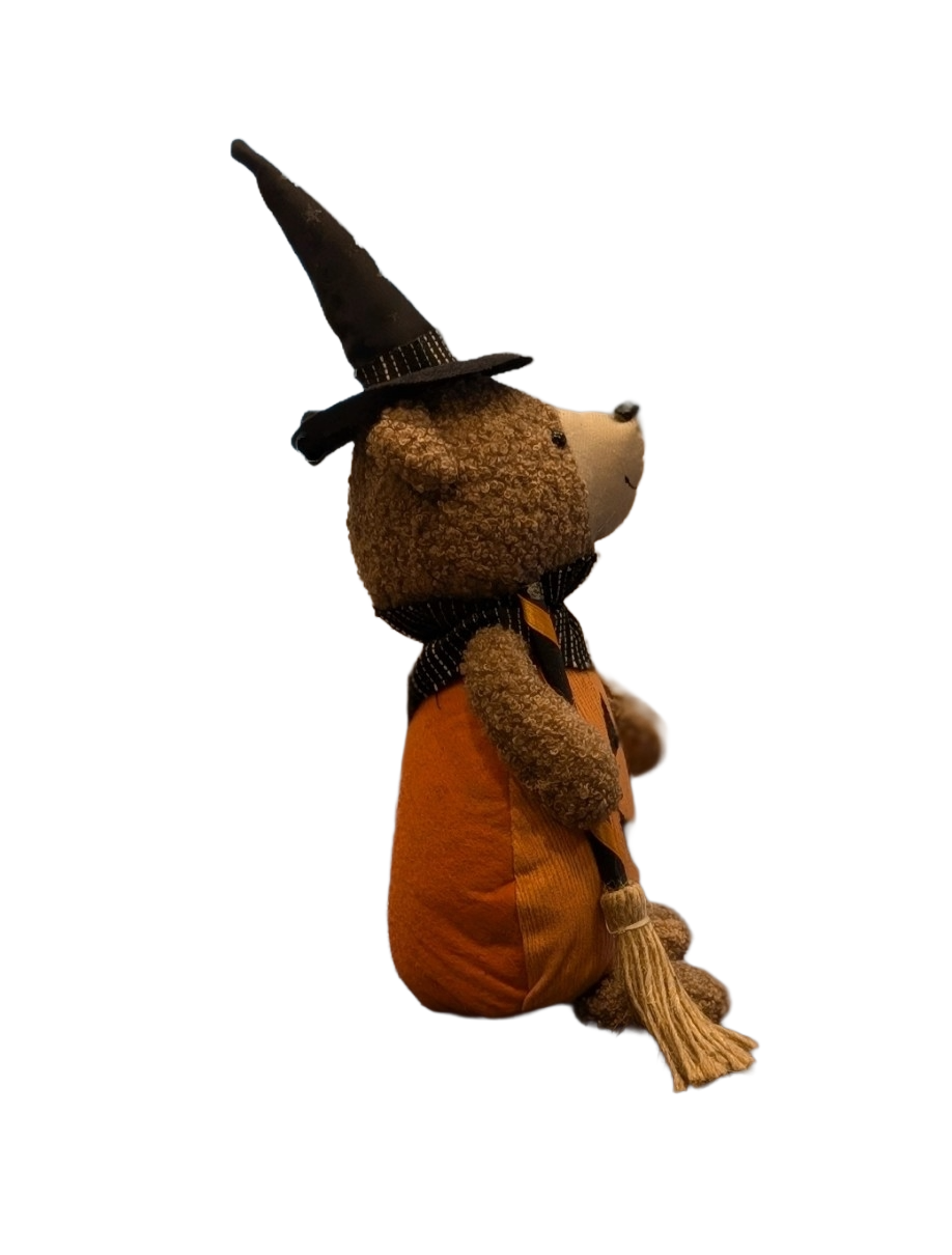 Halloween Pumpkin Bear Plush with Witch Hat and Broom