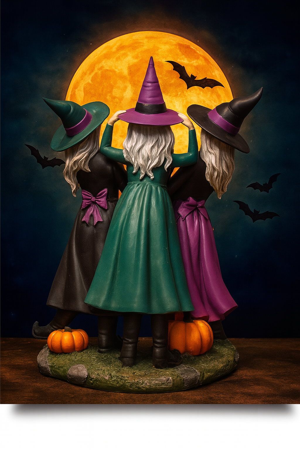 Halloween Resin Witch Trio – LED Color‑Changing Crystal Ball Decoration
