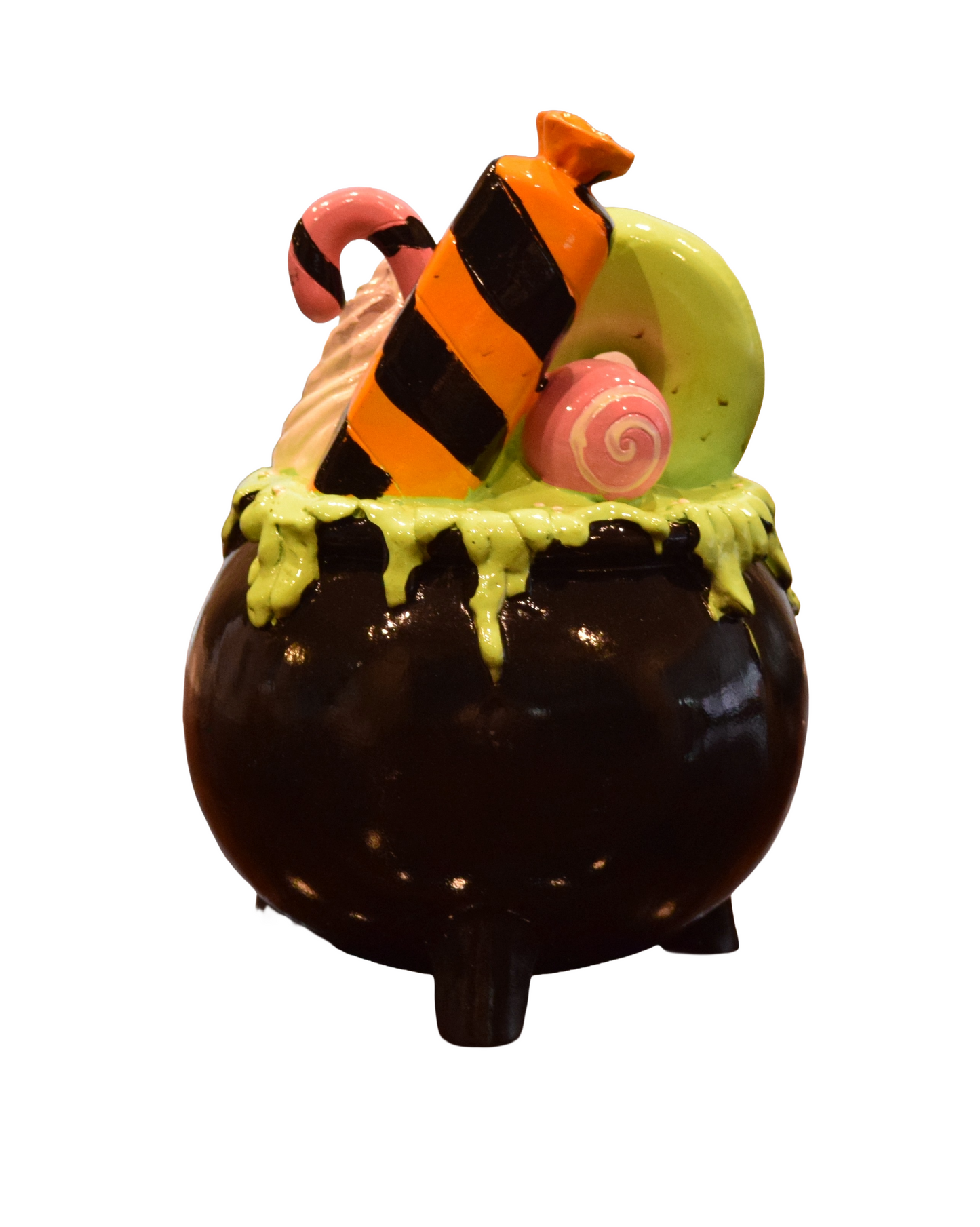 Halloween Resin Cauldron Decoration – Black Pot with Green Slime and Treats