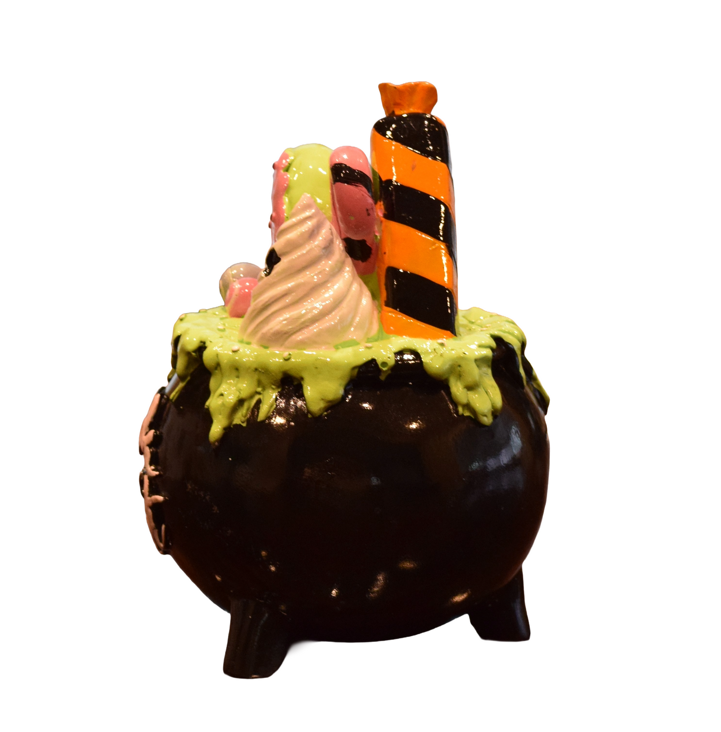 Halloween Resin Cauldron Decoration – Black Pot with Green Slime and Treats