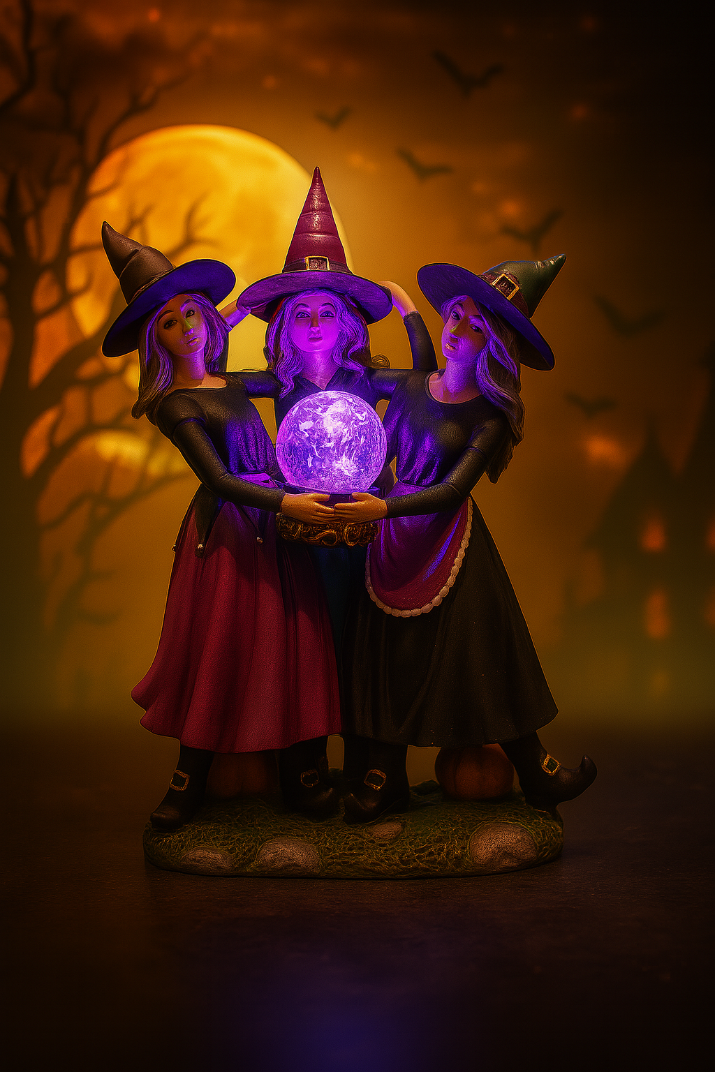Halloween Resin Witch Trio – LED Color‑Changing Crystal Ball Decoration