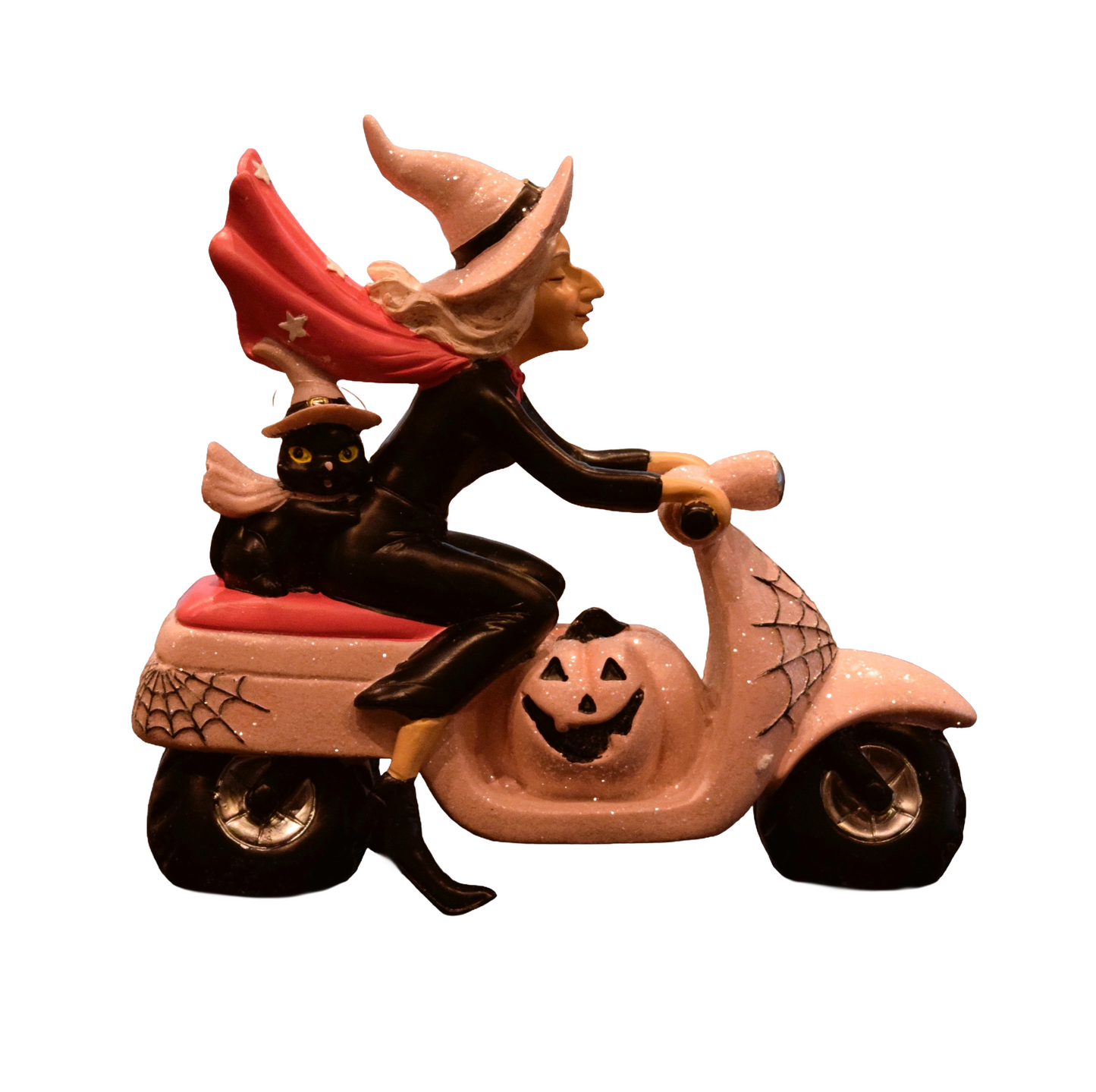 Resin Witch Riding Scooter – Halloween Decoration with Cat and Pumpkin Details