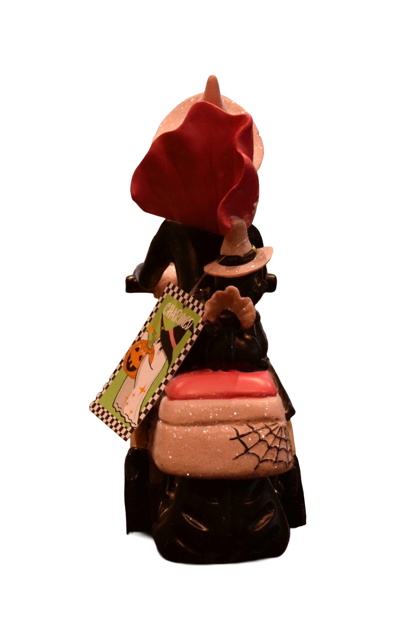 Resin Witch Riding Scooter – Halloween Decoration with Cat and Pumpkin Details