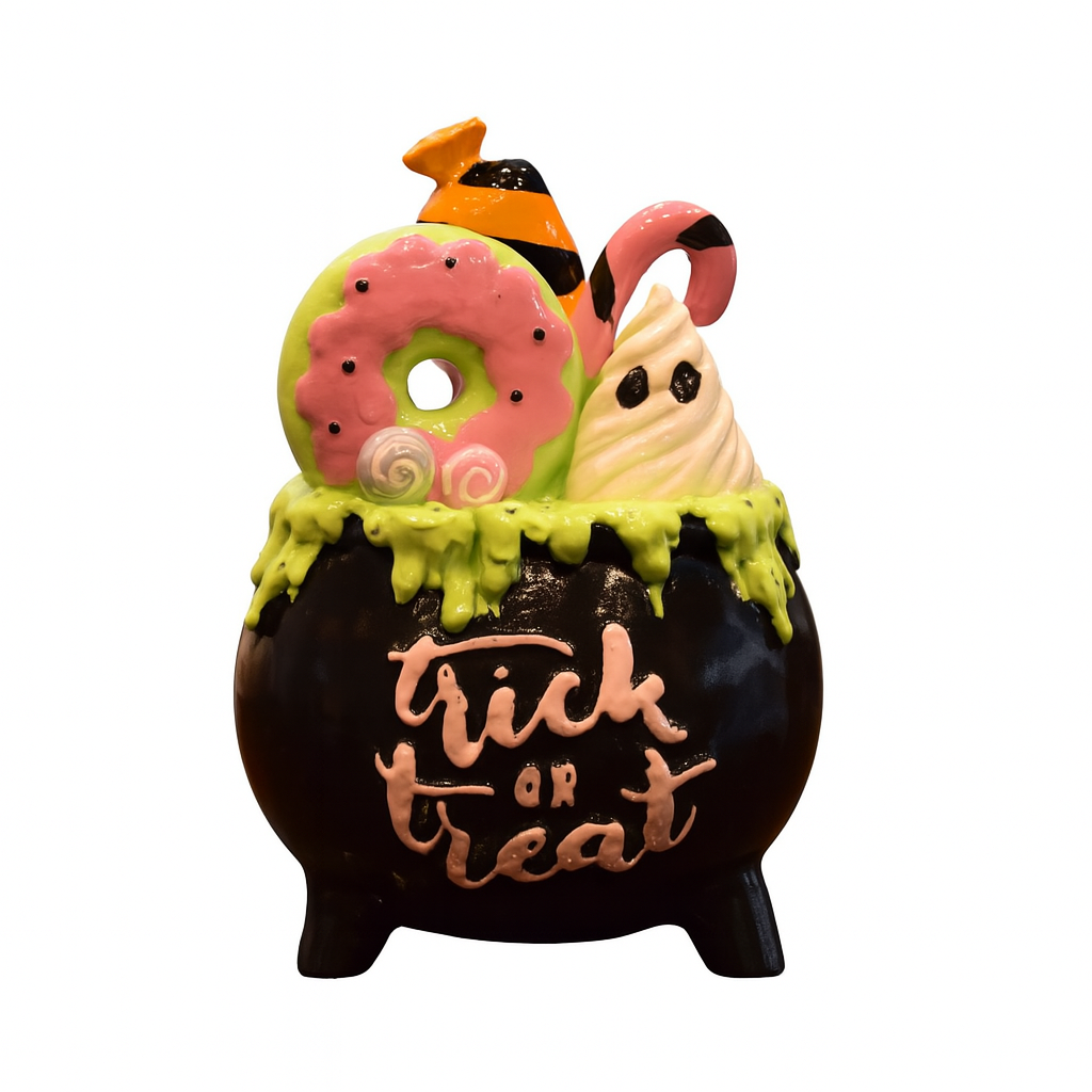 Halloween Resin Cauldron Decoration – Black Pot with Green Slime and Treats