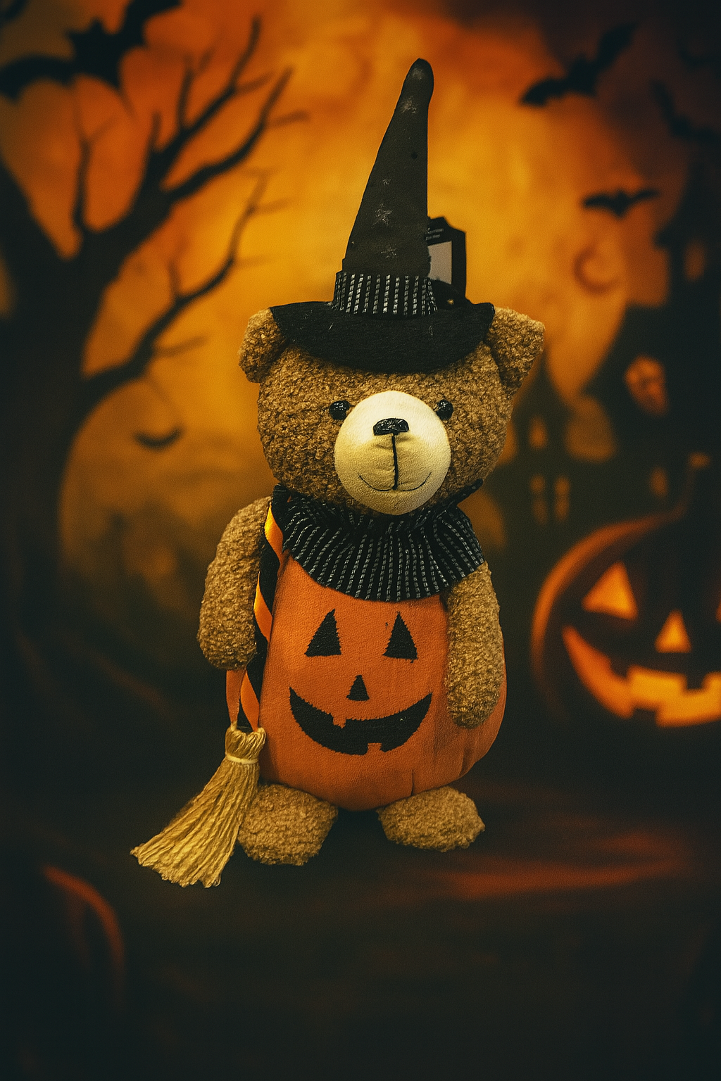 Halloween Pumpkin Bear Plush with Witch Hat and Broom