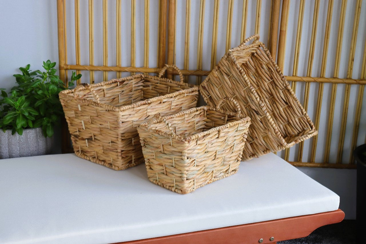 Eden Grace - Set 0f 3 Premium Tapered Rectangular Water Hyacinth Basket with Iron Frame | Ear Handles | Triple Twisted Weave - Stylish Home Storage Solution