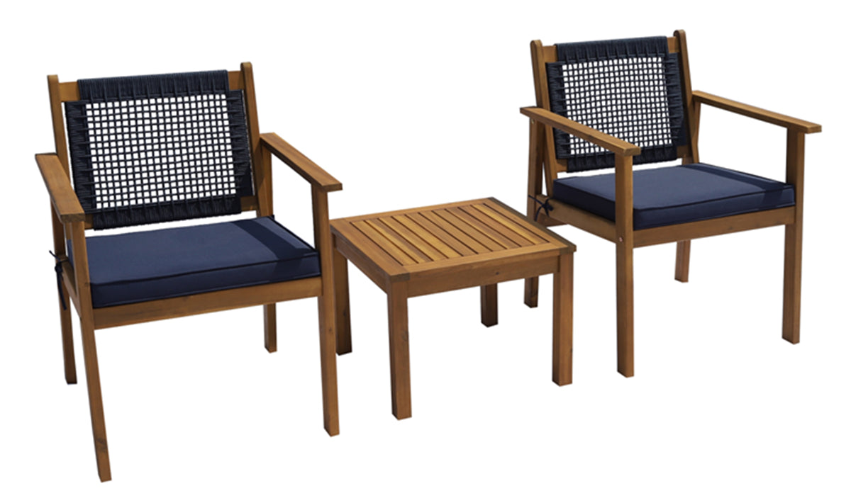 Eden Grace 3 PC Acacia Wood & Rope Chat Set w. Seat Cushions