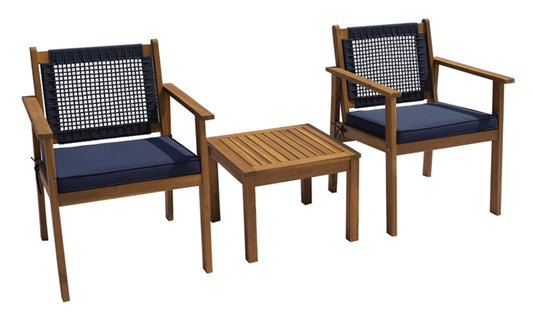 Eden Grace 3 PC Acacia Wood & Rope Chat Set w. Seat Cushions