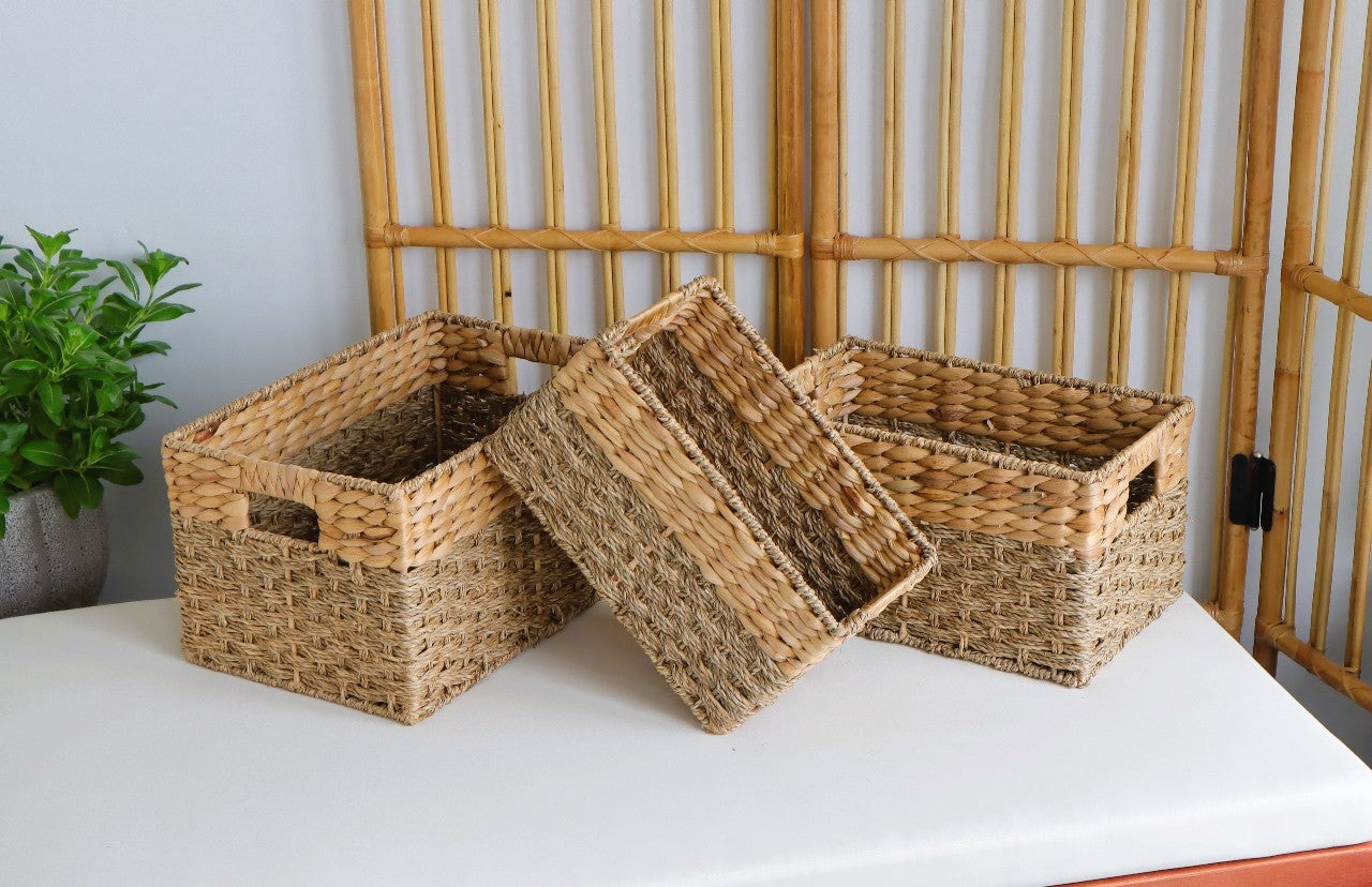 Eden Grace - Set of 3 Rectangular Water Hyacinth Mix Seagrass Baskets with Iron Frame and Hole Handles - Rice Nut Weave, Natural Color