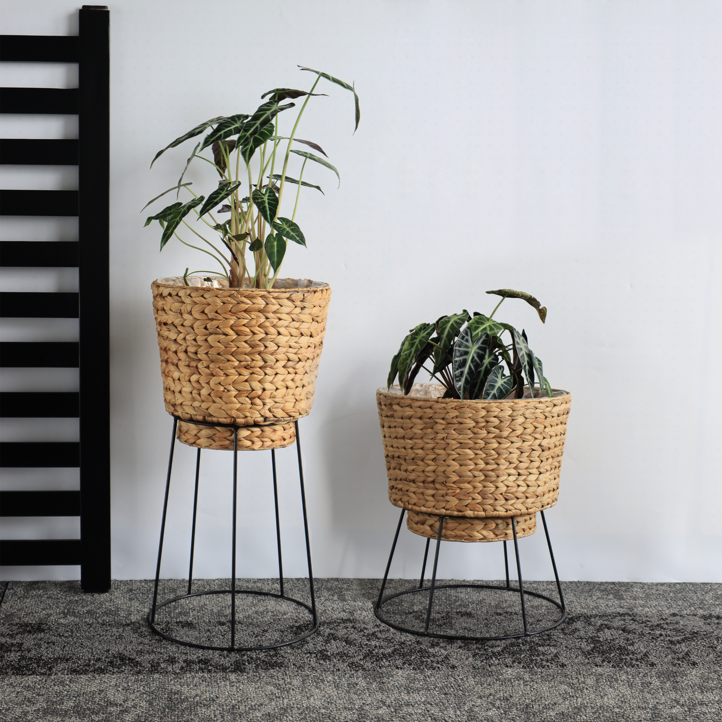Eden Grace Set of 2 Hand Woven Wicker Planters with Metal Stand - Made with Eco-Friendly Sustainable Water Hyacinth