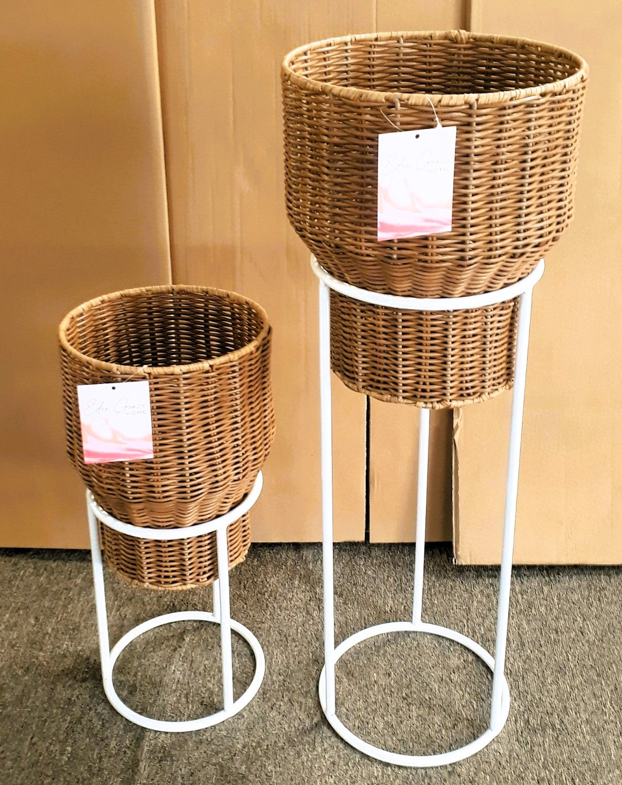 Eden Grace Set of 2 Hand Woven Wicker Planters with Metal Stand - Made with Eco-Friendly Sustainable Resin