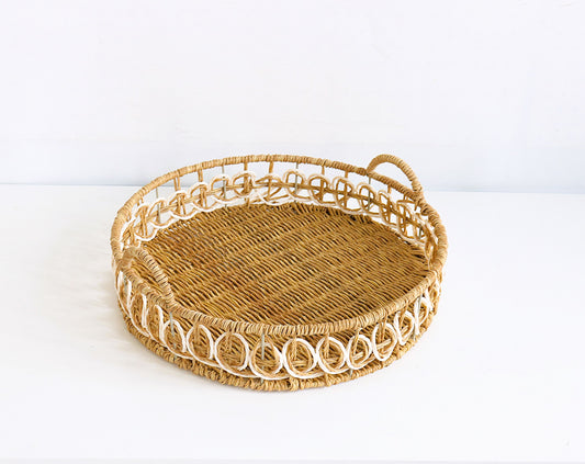 Eden Grace - Round Hand Woven Wicker Trays with Ear Handles - Faux Paper Twisted Weave, Natural Mix White
