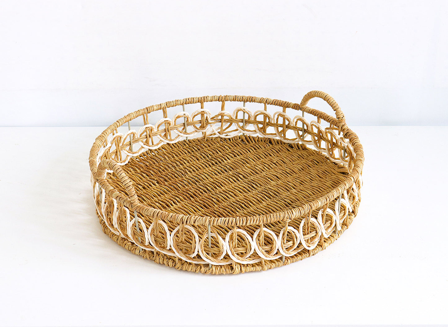 Eden Grace - Set of 3 Round Hand Woven Trays with Iron Frame and Ear Handles - Faux Paper Twisted Weave, Natural Mix White Color