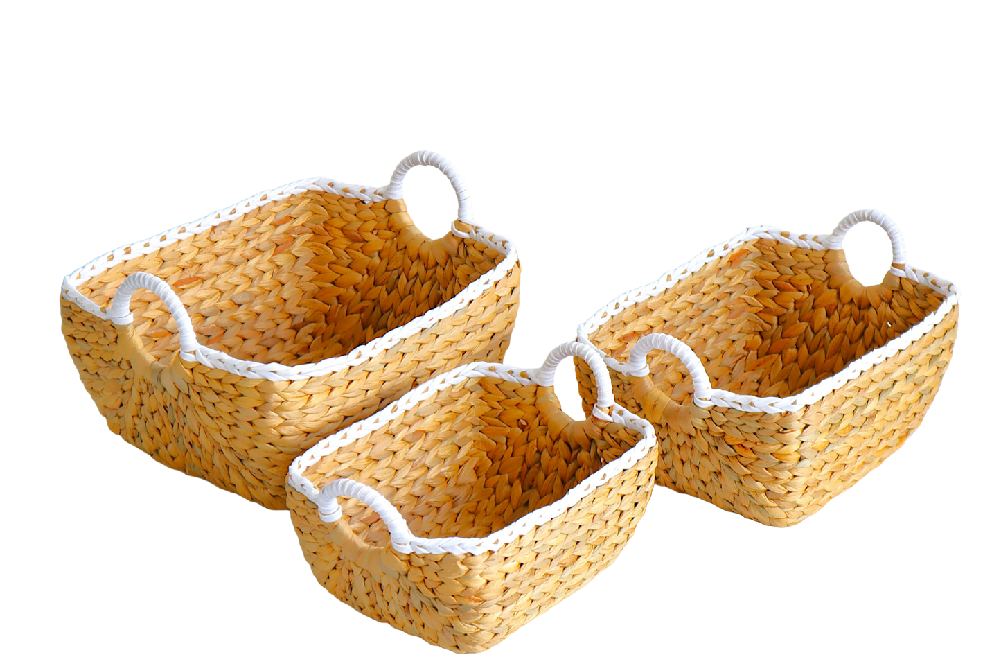 Eden Grace - Set of 3 Rectangular Nesting Wicker Baskets with Art Deco Design and Round Handles - Arrow Weave, Natural Mix White Color