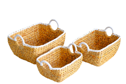 Eden Grace - Rectangular Nesting Wicker Baskets with Art Deco Design and Round Handles - Arrow Weave, Natural Mix White Color