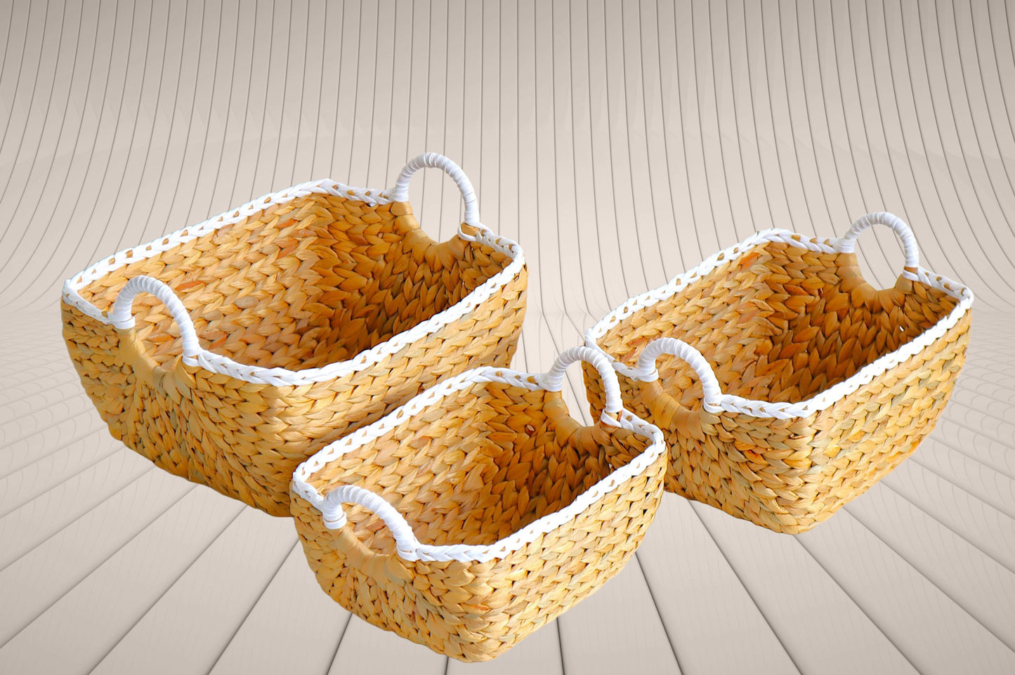 Eden Grace - Set of 3 Rectangular Nesting Wicker Baskets with Art Deco Design and Round Handles - Arrow Weave, Natural Mix White Color