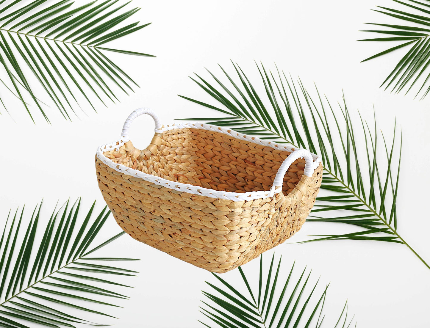Eden Grace - Set of 3 Rectangular Nesting Wicker Baskets with Art Deco Design and Round Handles - Arrow Weave, Natural Mix White Color