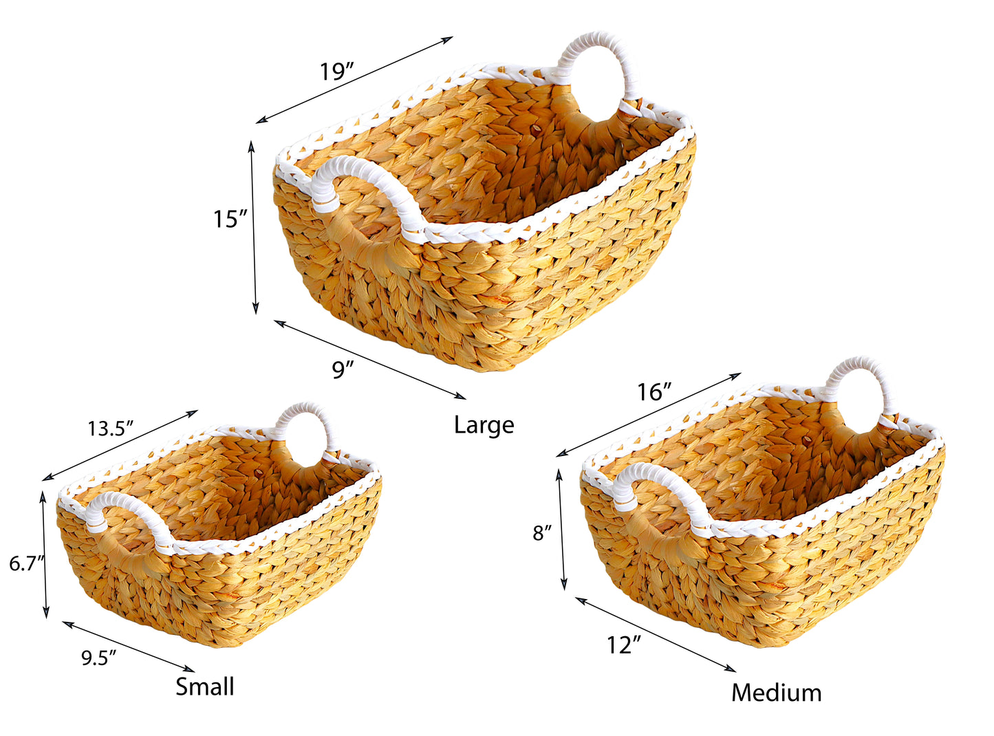 Eden Grace - Set of 3 Rectangular Nesting Wicker Baskets with Art Deco Design and Round Handles - Arrow Weave, Natural Mix White Color
