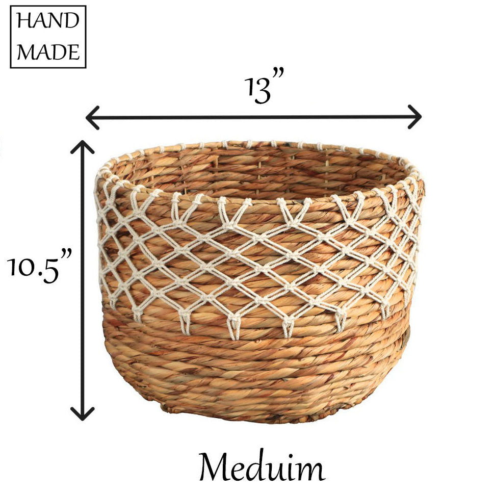 Eden Grace Handwoven Wicker Baskets, Twisted Weave with Macrame Accent - Round, Artisan Craftsmanship for Stylish Organization