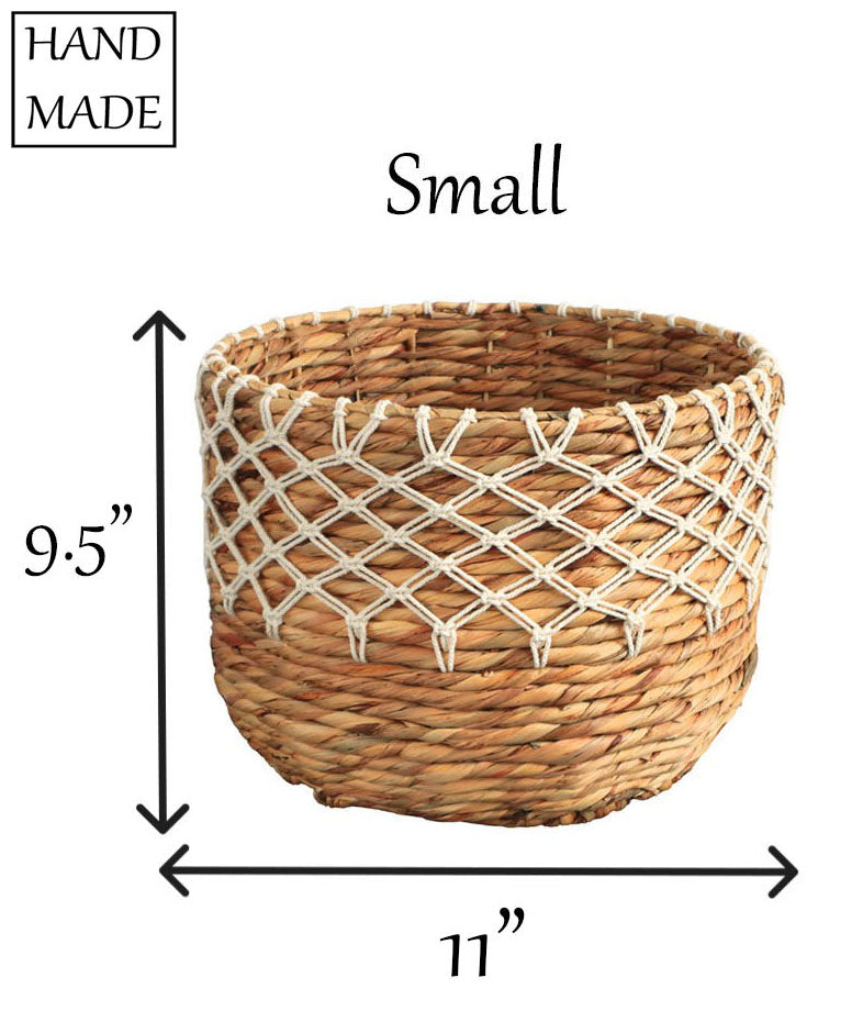 Eden Grace Handwoven Wicker Baskets, Twisted Weave with Macrame Accent - Round, Artisan Craftsmanship for Stylish Organization