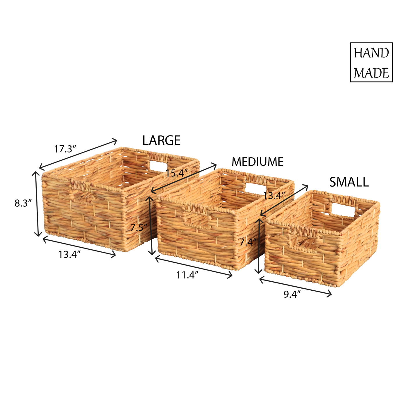 Eden Grace Set of 3 Hand Woven Wicker Baskets - Water Hyacinth Nesting Sizes for Smart Storage, Eco-Friendly Home Decor with Triple Twisted Weave