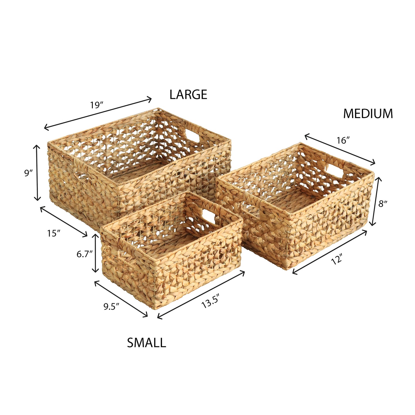Eden Grace - Set of 3 Hand-Woven Wicker Baskets - Water Hyacinth, Nesting Sizes for Smart Storage, Eco-Friendly Home Decor with Arrow-Flower Weave