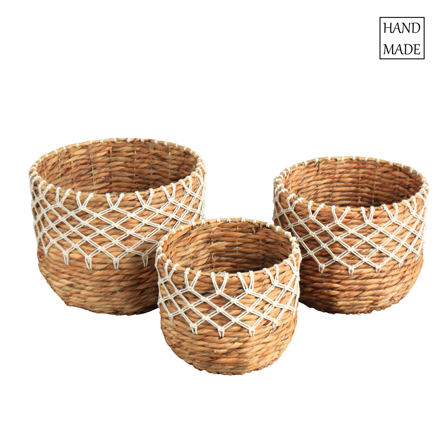 Eden Grace Handwoven Wicker Baskets, Twisted Weave with Macrame Accent - Round, Artisan Craftsmanship for Stylish Organization