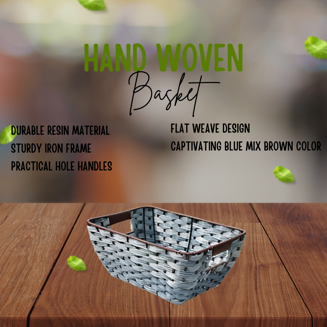 Eden Grace - Single Oval Hand Woven Wicker Basket with Iron Frame and Hole Handles - Flat Weave, Blue-Brown Color