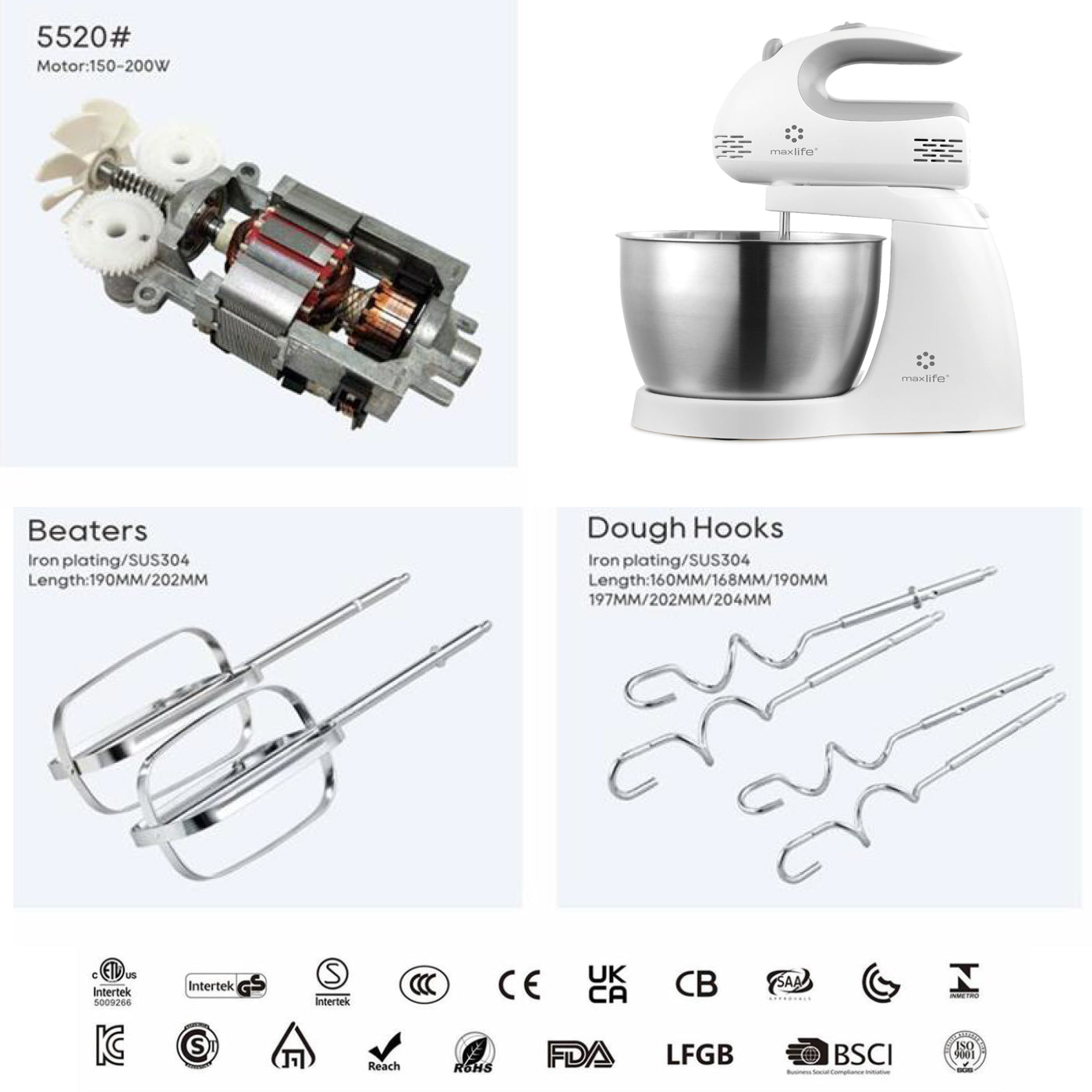 Max Life 3.2 Quarts Stand Mixer - 5-Speed Electric Powerful Stand Mixer, White, with Stainless Steel Bowl, Dough Hooks, Beaters,