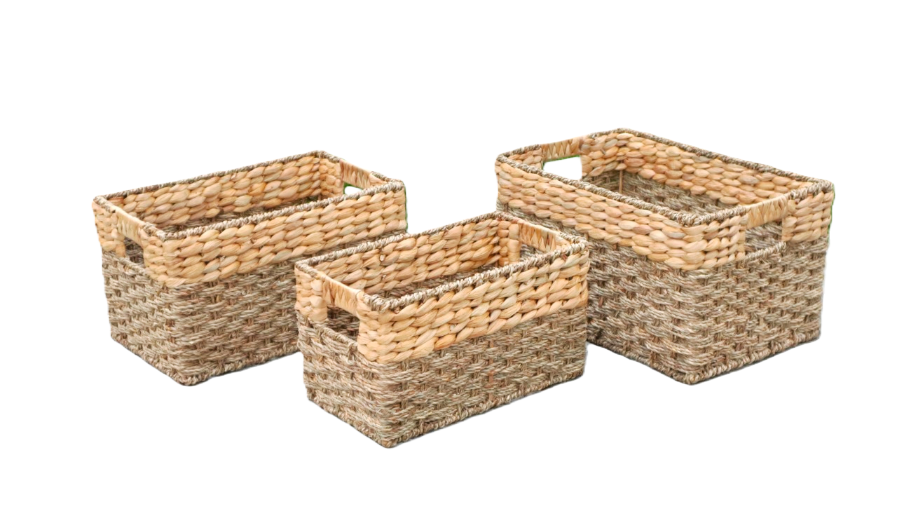 Eden Grace - Set of 3 Rectangular Water Hyacinth Mix Seagrass Baskets with Iron Frame and Hole Handles - Rice Nut Weave, Natural Color