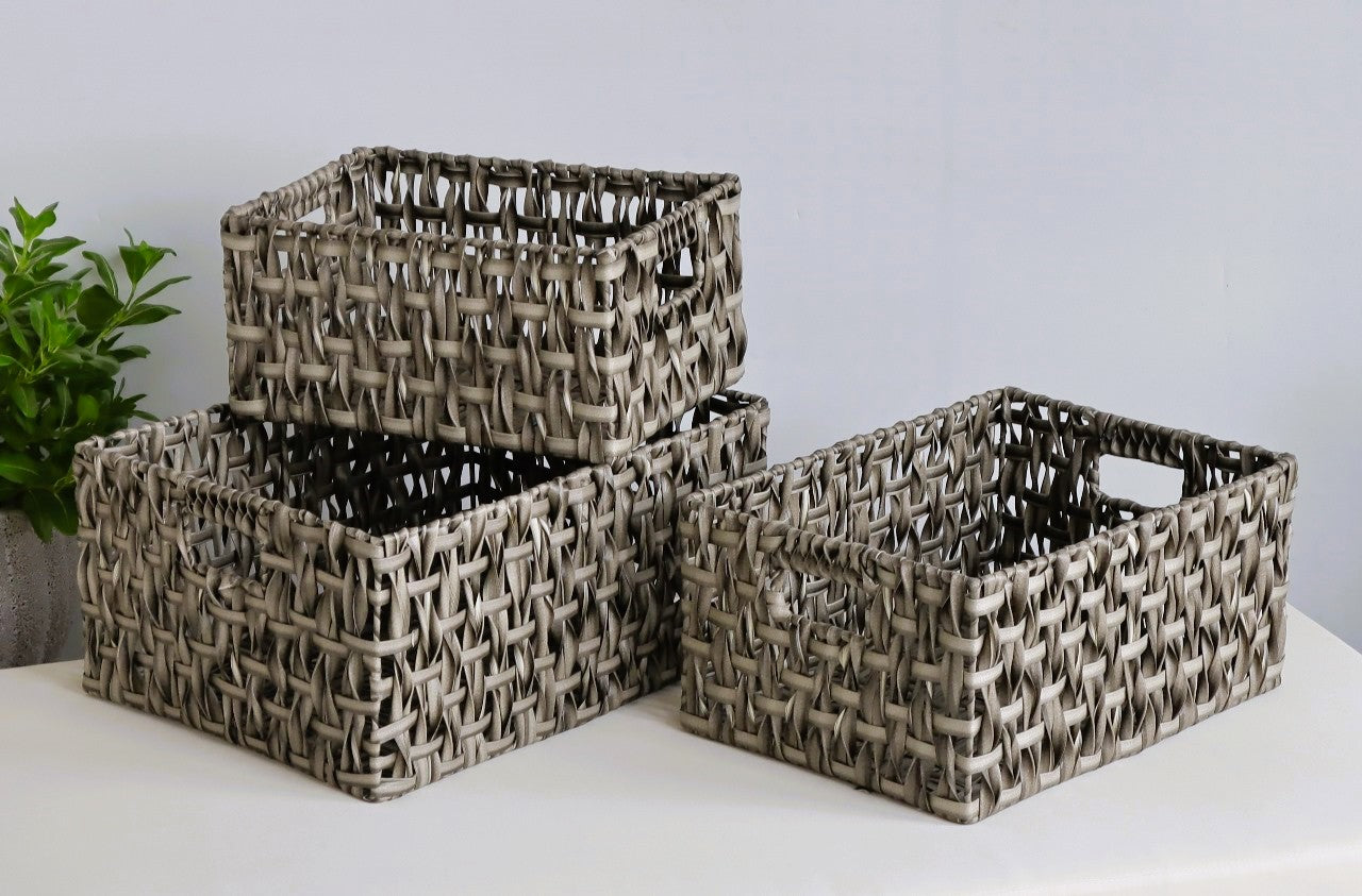Eden Grace - Set of 3 Rectangular Hand Woven Wicker Baskets with Iron Frame and Hole Handles - Vertical Twisted Weave, Grey Color