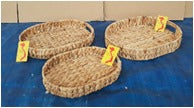 Eden Grace - Set of 3 Oval Water Hyacinth Trays with Iron Frame and Hole Handles - Arrow Weave, Natural Color