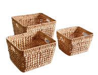 Eden Grace - Set of 3 Rectangular Water Hyacinth Baskets with Iron Frame, Hole Handles, and Double Rim - Big Flower Weave, Natural Color