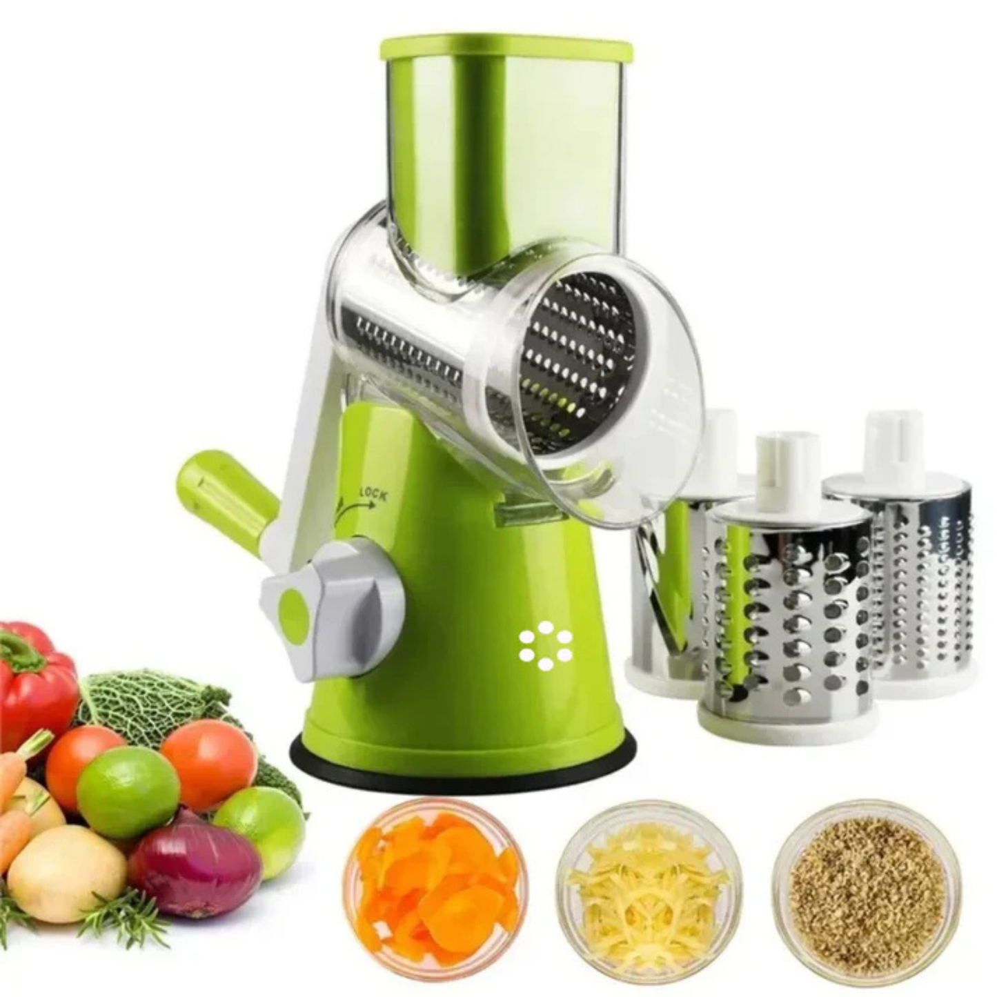 Premium Rotary Cheese Grater, Manual Cheese Grater with Handle, Handheld Vegetables Slicer Cheese Shredder with Rubber Suction Base, 3 Stainless Drum Blades Included, Easy to Use and Clean