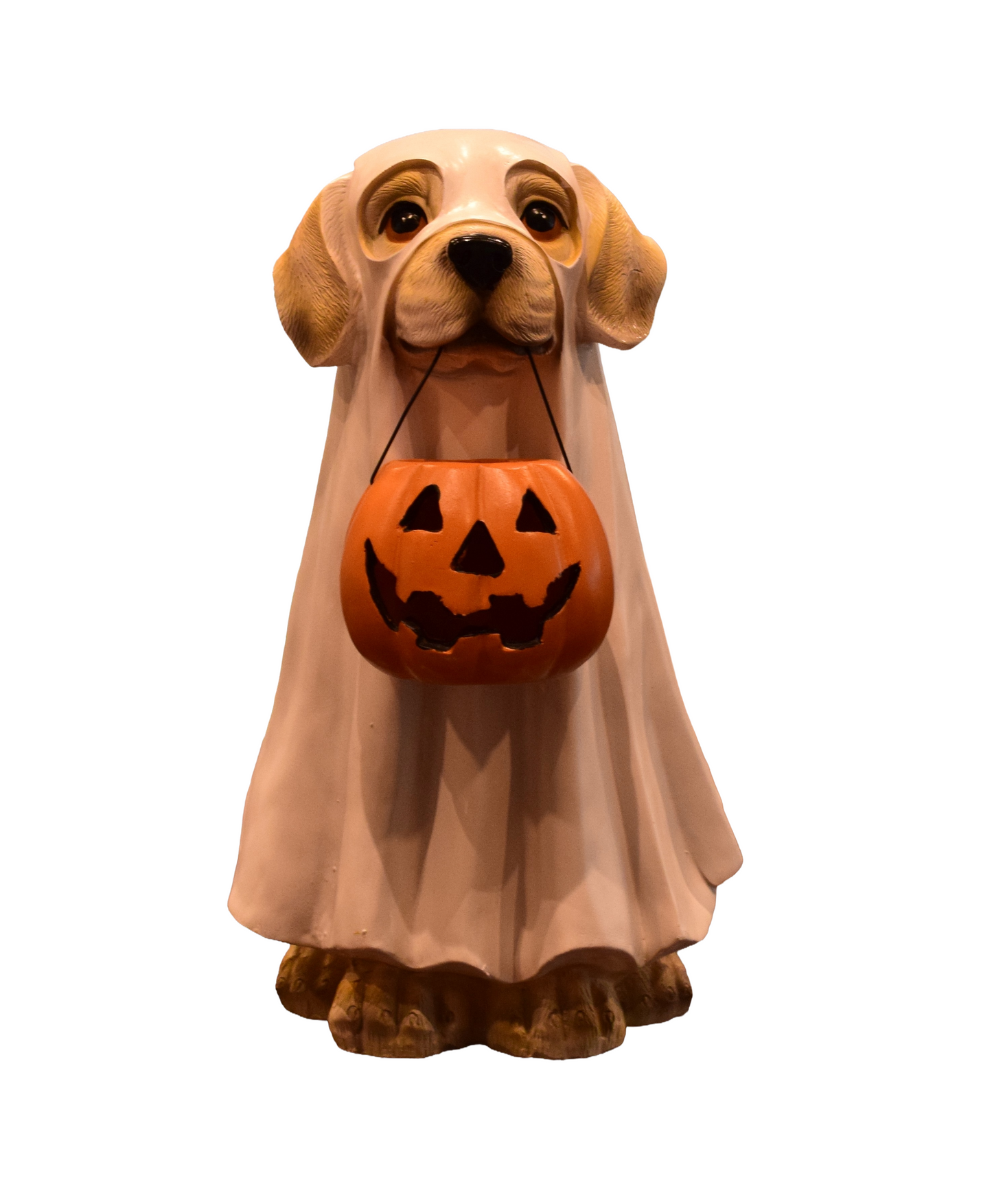 Resin Halloween Dog Figurine – Ghost Costume with LED Jack‑o’‑Lantern