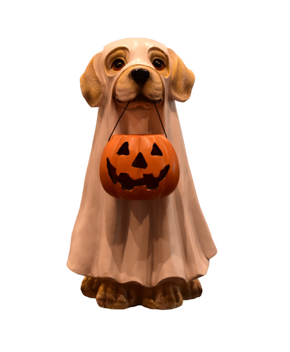 Resin Halloween Dog Figurine – Ghost Costume with LED Jack‑o’‑Lantern