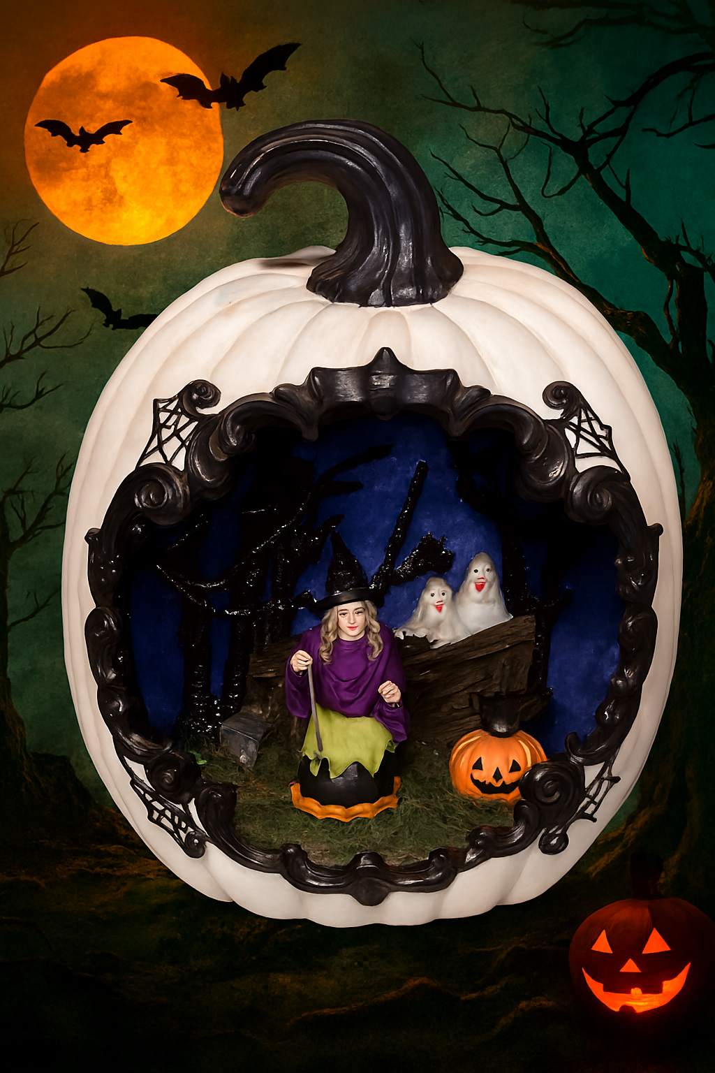 Resin Pumpkin with Witch Scene – Light‑Up Halloween Tabletop Decoration