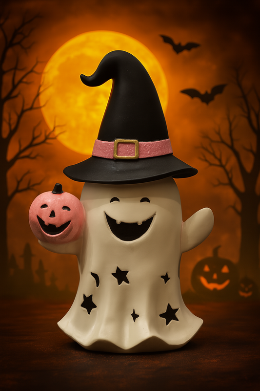 Resin Ghost Decoration – Smiling Ghost with Hat and Pink Pumpkin