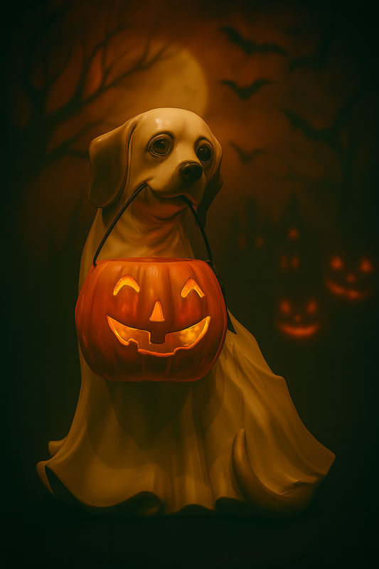 Halloween Dog Ghost Decoration – MGO & Metal Figurine with LED Pumpkin