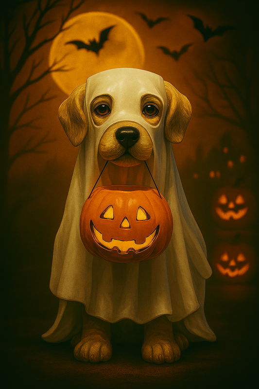 Resin Halloween Dog Figurine – Ghost Costume with LED Jack‑o’‑Lantern