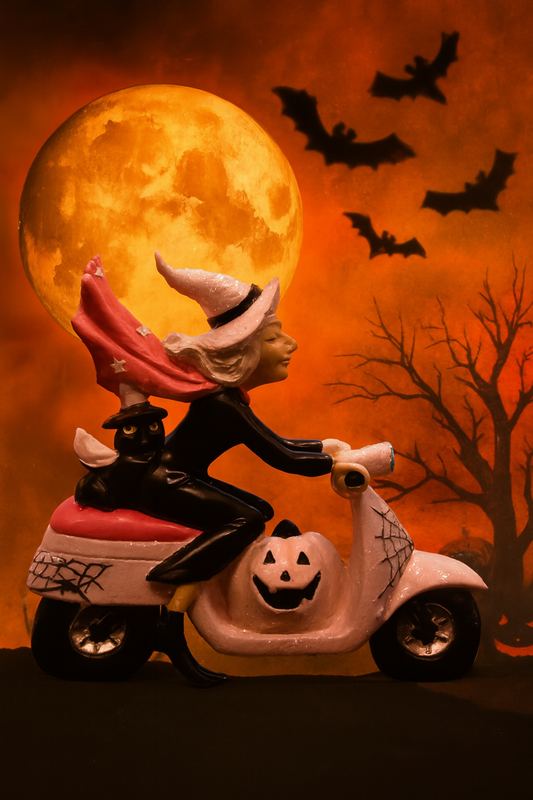 Resin Witch Riding Scooter – Halloween Decoration with Cat and Pumpkin Details