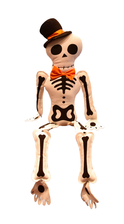 Decorative Fabric Skeleton Plush – Skeleton with Hat and Orange Bow Tie