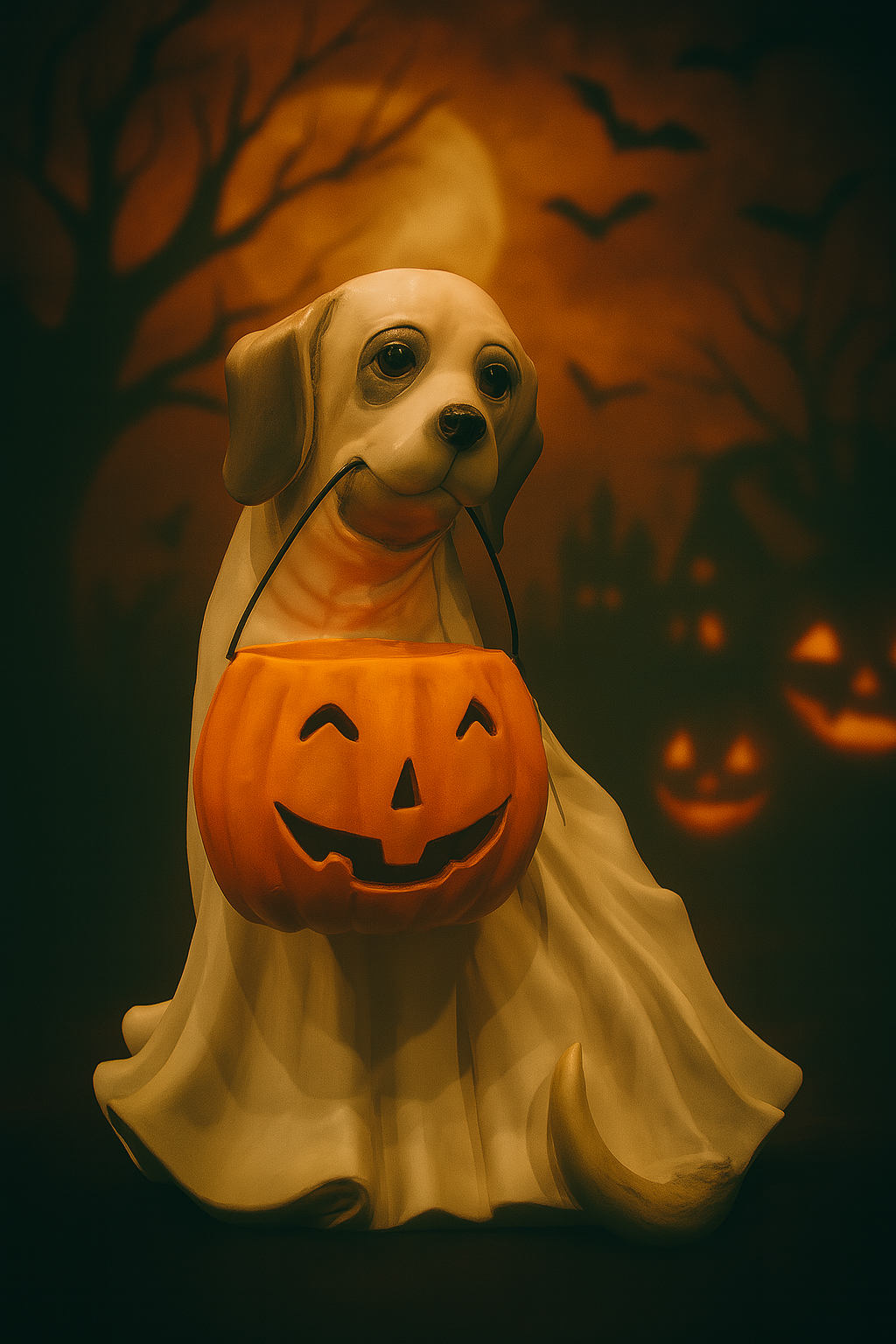 Halloween Dog Ghost Decoration – MGO & Metal Figurine with LED Pumpkin