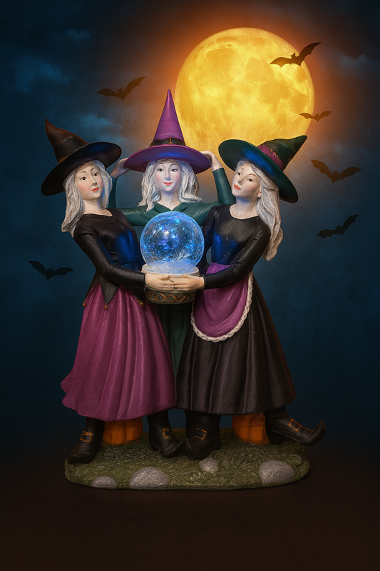 Halloween Resin Witch Trio – LED Color‑Changing Crystal Ball Decoration