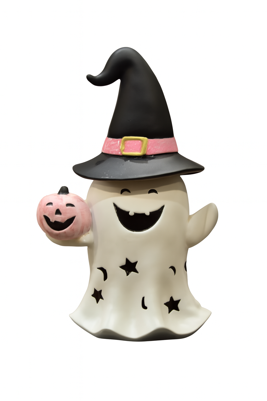 Resin Ghost Decoration – Smiling Ghost with Hat and Pink Pumpkin
