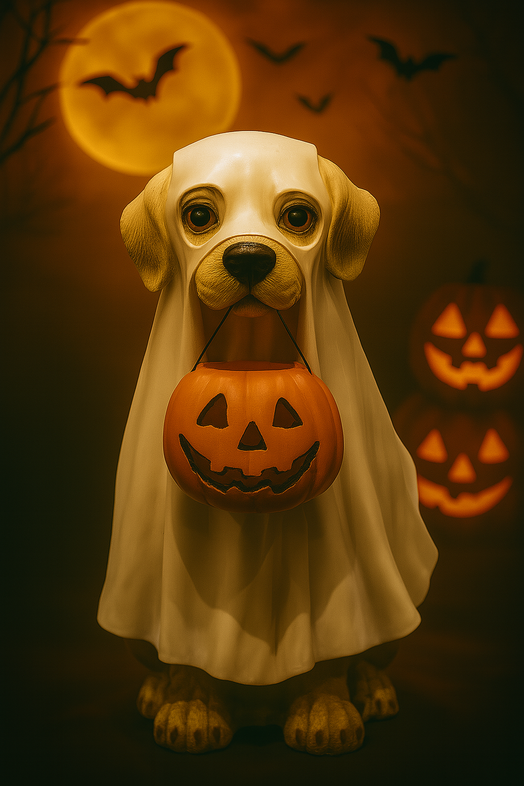 Resin Halloween Dog Figurine – Ghost Costume with LED Jack‑o’‑Lantern