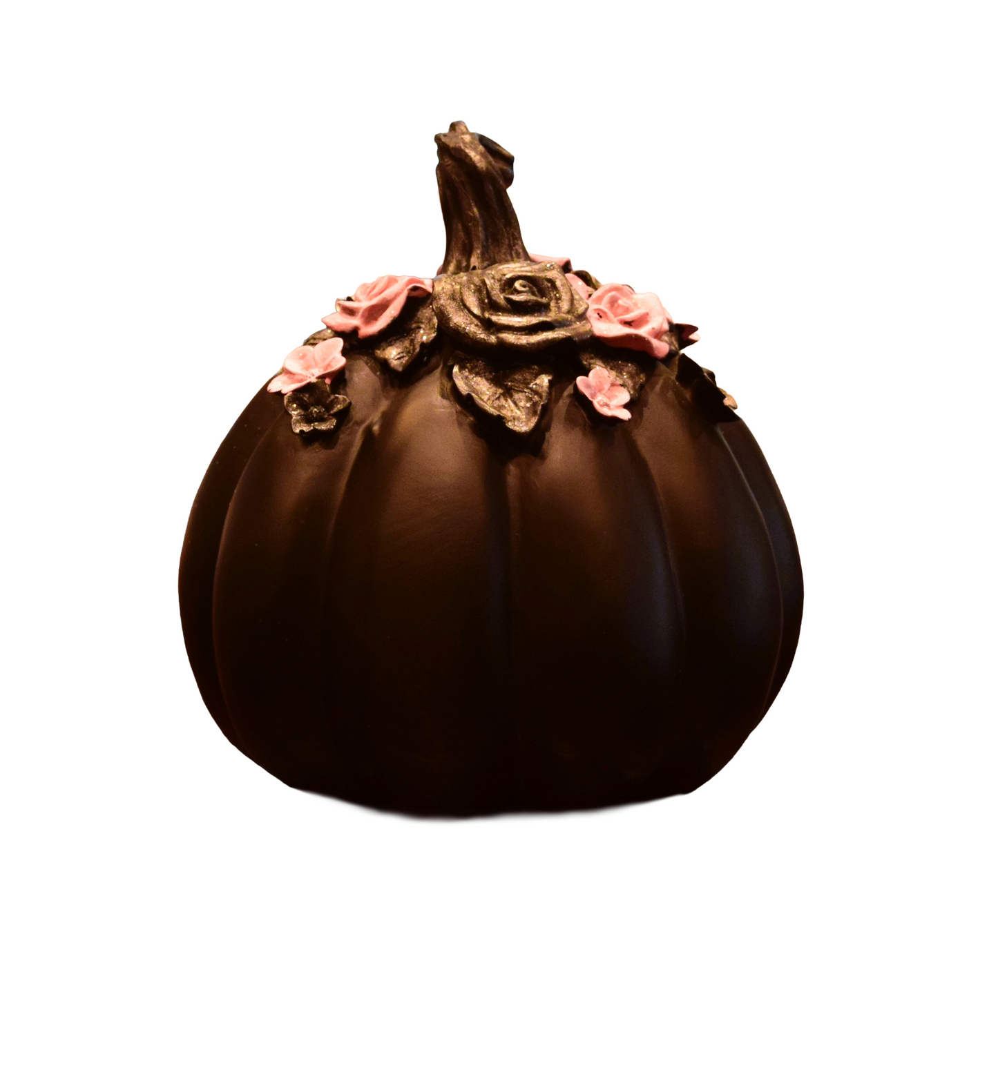 Elegant Black Resin Pumpkin with Pink Floral Accents