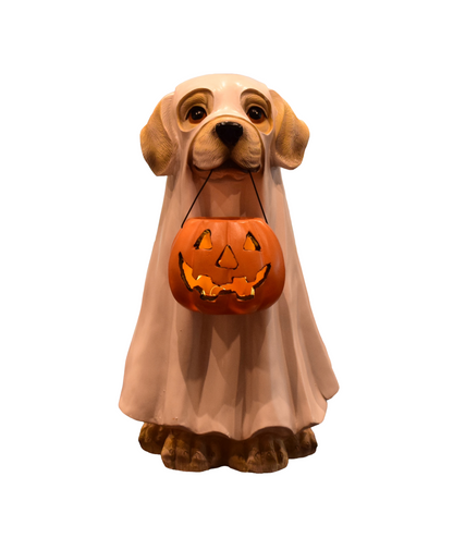 Resin Halloween Dog Figurine – Ghost Costume with LED Jack‑o’‑Lantern