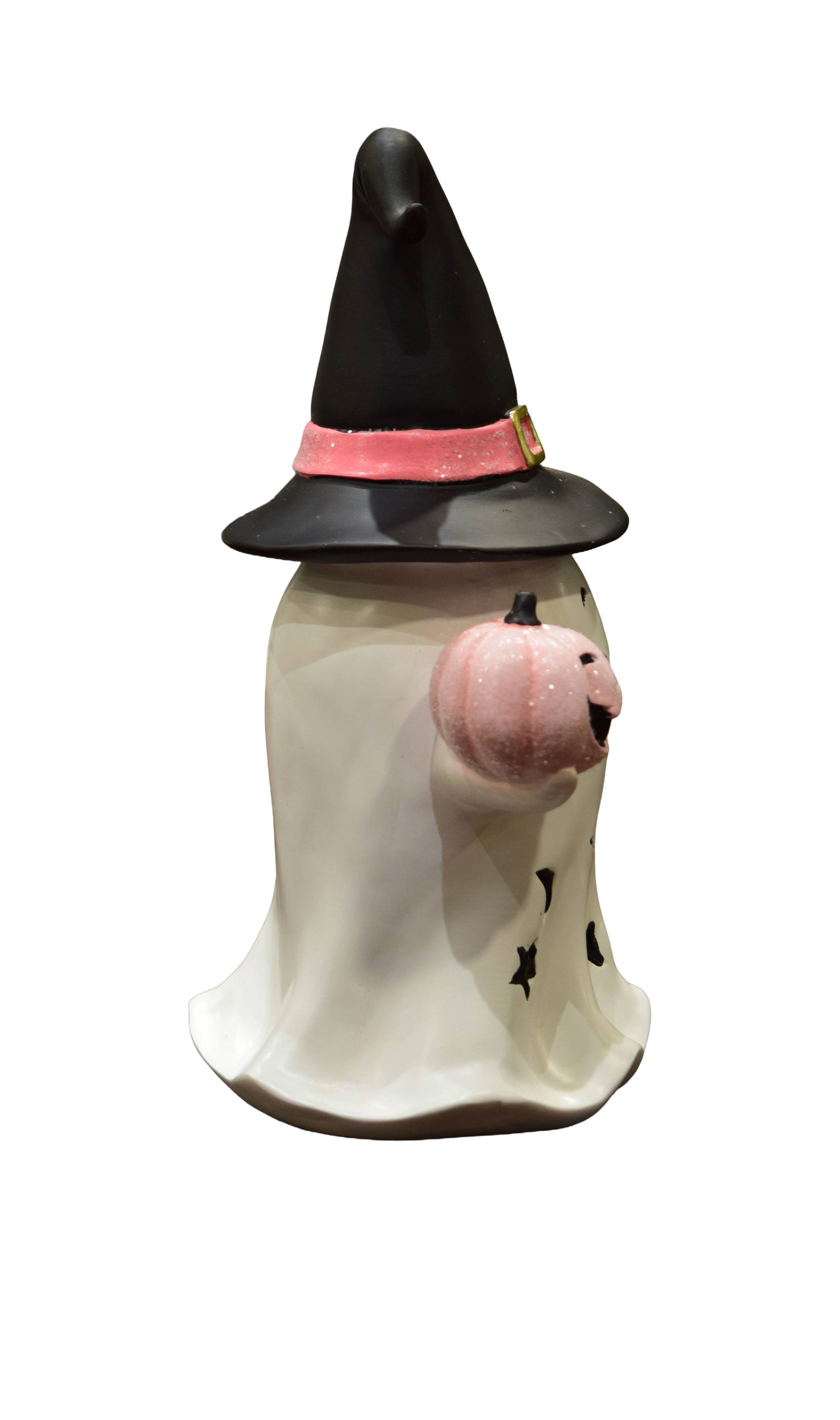 Resin Ghost Decoration – Smiling Ghost with Hat and Pink Pumpkin